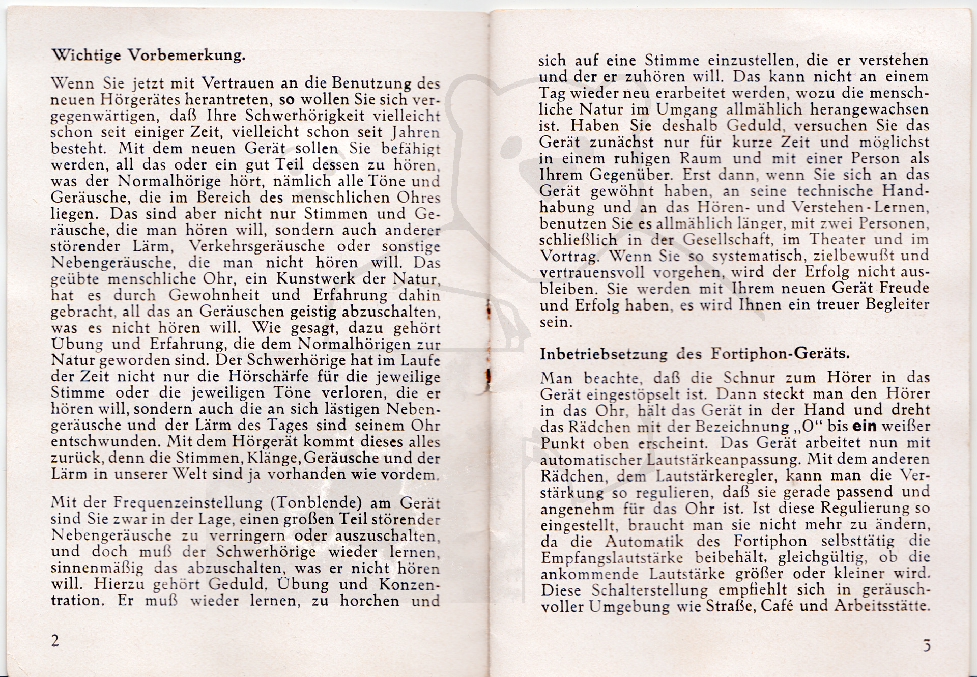 Hörgerät "Fortiphone Type 20", ca. 1949, Anleitung Seite 2 - 3